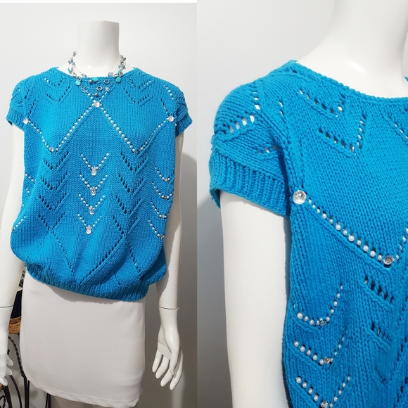 Vintage 80's Magnolia💙Turquoise Blue Embellished Sleeveless Knitted Top - Picture 5 of 10